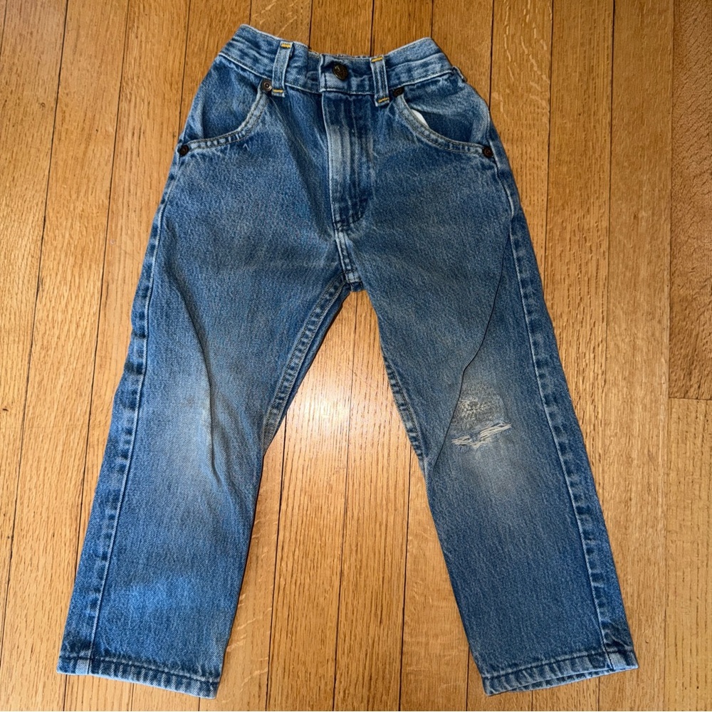 Vintage Osh Kosh B’gosh Denim Blue Jeans Size 4T / 4R Distressed Ripped Knee Vtg